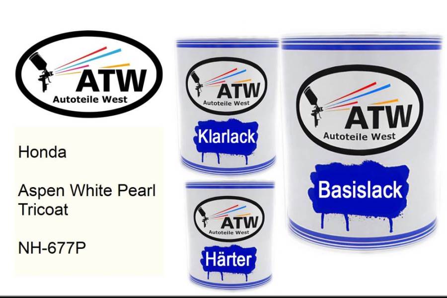 Honda, Aspen White Pearl Tricoat, NH-677P: 1L Lackdose + 1L Klarlack + 500ml Härter - Set, von ATW Autoteile West.